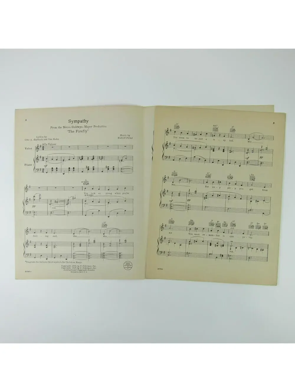 Sheet Music Sympathy The Firefly Jeanette Macdonald Allan Jones Vintage 1937
